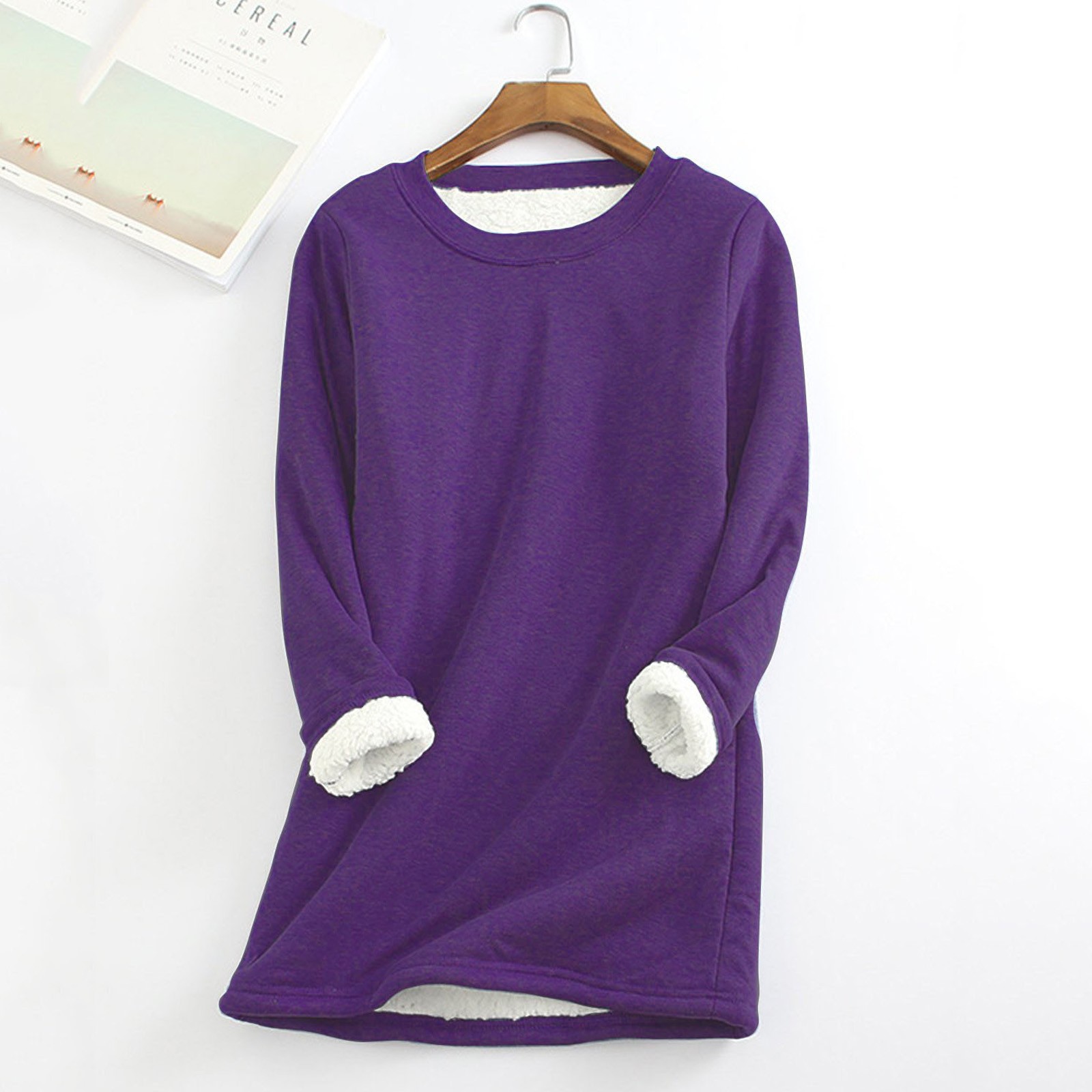 thumbnail image 3 of Sudadera informal de felpa gruesa para mujer, cálida, de terciopelo, con cuello redondo, para el invierno, prenda interior., 3 of 8